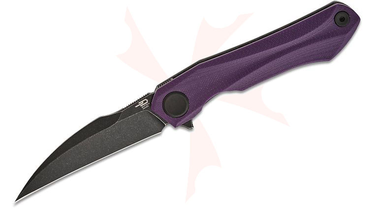 Bestech Knives Ivy Flipper Knife 3.09 inch 14C28N Black Stonewashed Hawkbill Blade, Milled Purple G10 Handles