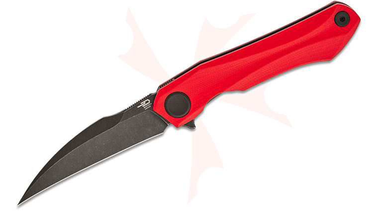 Bestech Knives Ivy Flipper Knife 3.09 inch 14C28N Black Stonewashed Hawkbill Blade, Milled Red G10 Handles