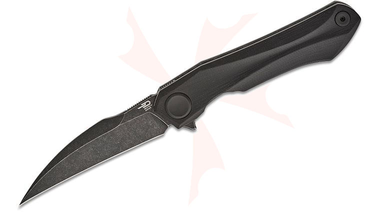 Bestech Knives Ivy Flipper Knife 3.09 inch 14C28N Black Stonewashed Hawkbill Blade, Milled Black G10 Handles