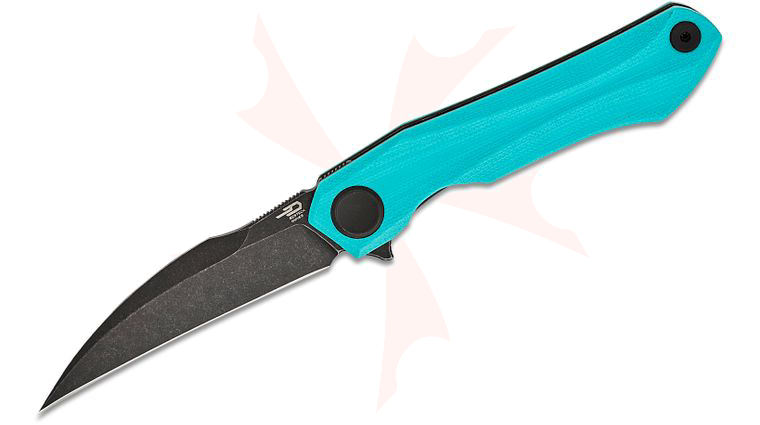 Bestech Knives Ivy Flipper Knife 3.09 inch 14C28N Black Stonewashed Hawkbill Blade, Milled Light Blue G10 Handles