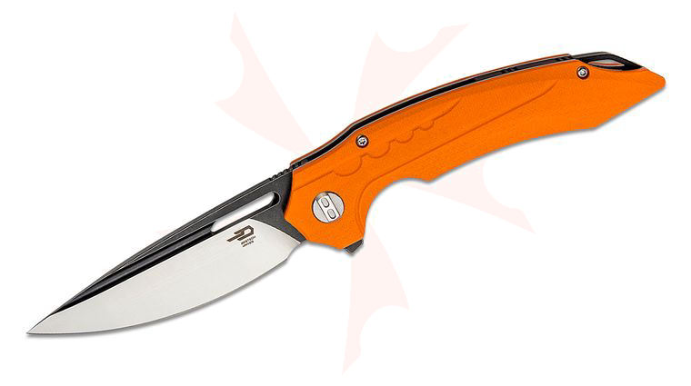 Bestech Knives Ornetta Flipper Knife 3.54 inch D2 Black/Satin Drop Point Blade, Milled Orange G10 Handles
