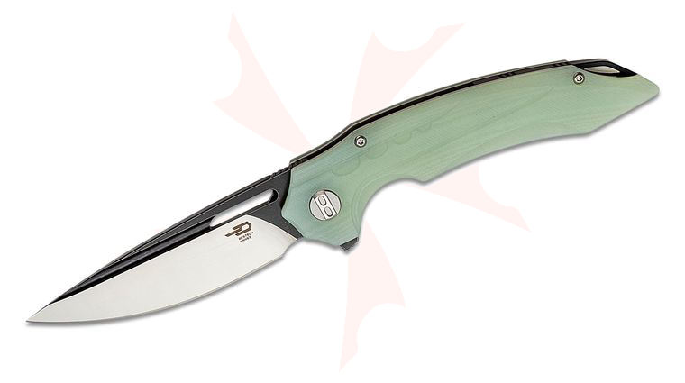 Bestech Knives Ornetta Flipper Knife 3.54 inch D2 Black/Satin Drop Point Blade, Milled Natural (Jade) G10 Handles