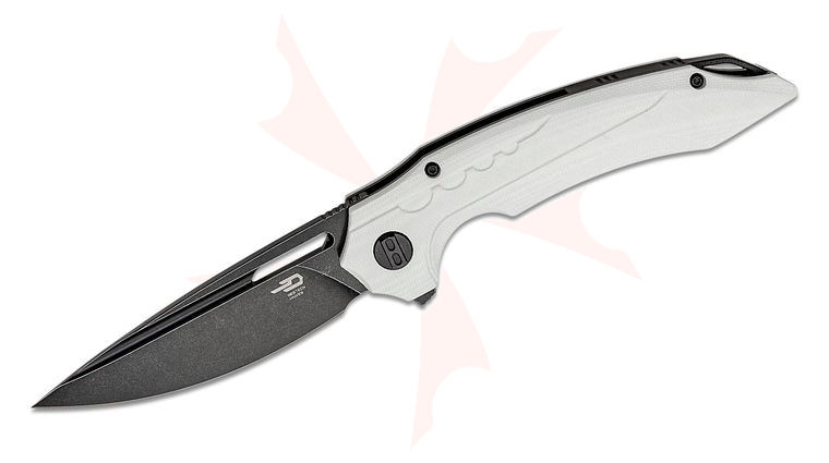 Bestech Knives Ornetta Flipper Knife 3.54 inch D2 Black Stonewashed Drop Point Blade, Milled White G10 Handles
