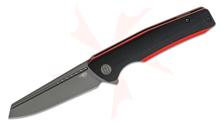 Bestech Knives Slyther Flipper Knife 3.58 inch 14C28N Gray Reverse Tanto Blade, Milled Black and Red G10 Handles