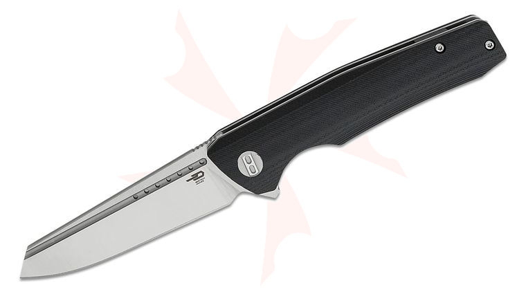 Bestech Knives Slyther Flipper Knife 3.58 inch 14C28N Two-Toned Reverse Tanto Blade, Milled Black G10 Handles