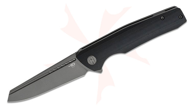 Bestech Knives Slyther Flipper Knife 3.58 inch 14C28N Gray Reverse Tanto Blade, Milled Black G10 Handles