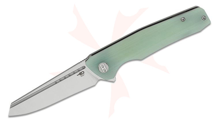 Bestech Knives Slyther Flipper Knife 3.58 inch 14C28N Two-Toned Reverse Tanto Blade, Milled Translucent Green G10 Handles