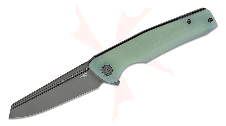 Bestech Knives Slyther Flipper Knife 3.58 inch 14C28N Gray Reverse Tanto Blade, Milled Translucent Green G10 Handles