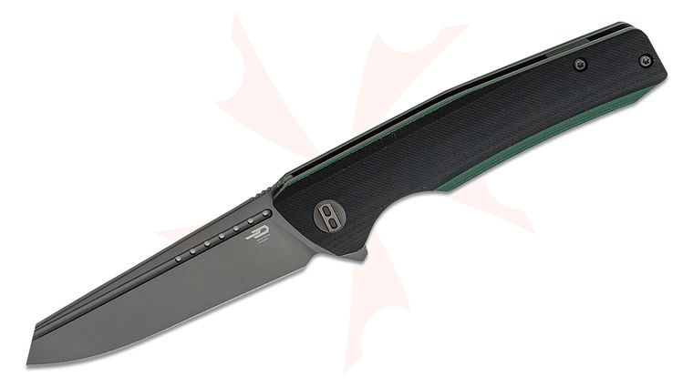 Bestech Knives Slyther Flipper Knife 3.58 inch 14C28N Gray Reverse Tanto Blade, Milled Black and Green G10 Handles