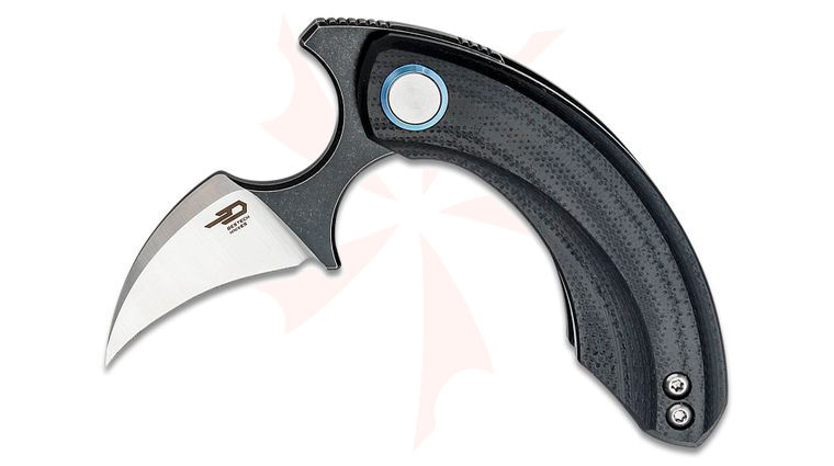 Bestech Knives Ostap Hel Strelit Push Dagger Flipper Knife 2.19 inch 14C28N Two-Tone Satin/Black Hawkbill Blade, Black G10 Handles