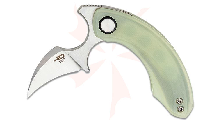Bestech Knives Ostap Hel Strelit Push Dagger Flipper Knife 2.19 inch 14C28N Two-Tone Hawkbill Blade, Natural (Jade) G10 Handles