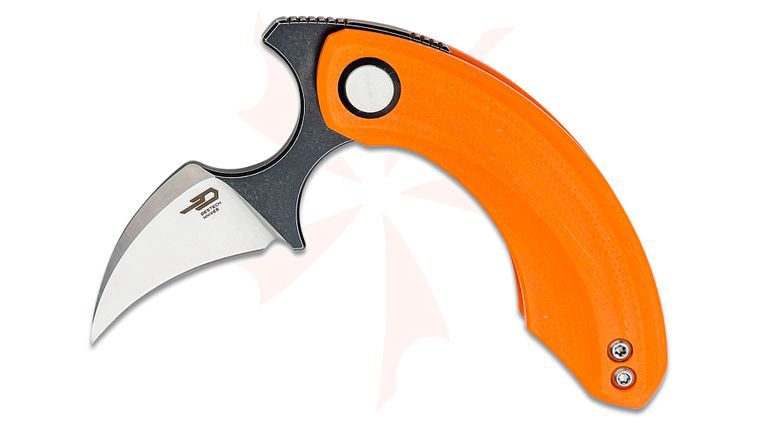 Bestech Knives Ostap Hel Strelit Push Dagger Flipper Knife 2.19 inch 14C28N Two-Tone Satin/Black Hawkbill Blade, Orange G10 Handles