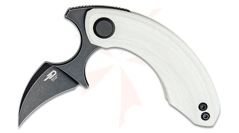 Bestech Knives Ostap Hel Strelit Push Dagger Flipper Knife 2.19 inch 14C28N Black Stonewashed Hawkbill Blade, White G10 Handles