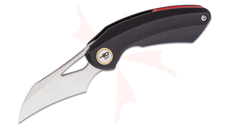 Bestech Knives Ostap Hel Bihai Front Flipper Knife 2.15 inch 14C28N Two Tone Satin/Stonewashed Hawkbill Blade, Black G10 Handles