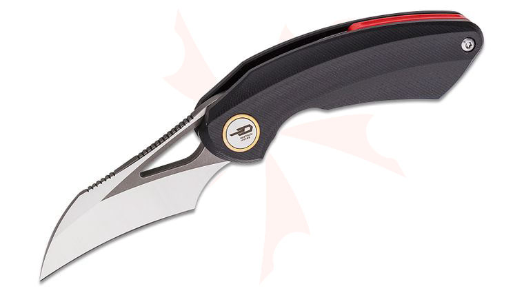 Bestech Knives Ostap Hel Bihai Front Flipper Knife 2.15 inch 14C28N Two Tone Satin/Gray Hawkbill Blade, Black G10 Handles