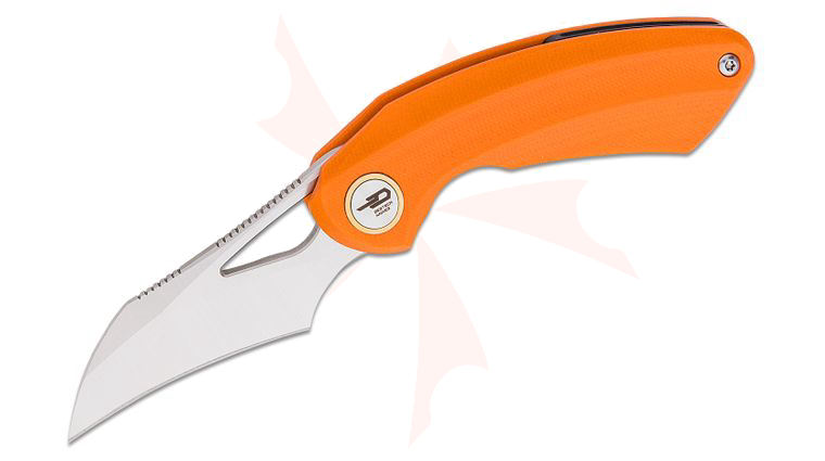 Bestech Knives Ostap Hel Bihai Front Flipper Knife 2.15 inch 14C28N Two Tone Satin/Stonewashed Hawkbill Blade, Orange G10 Handles