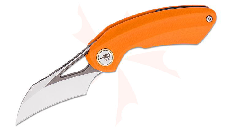 Bestech Knives Ostap Hel Bihai Front Flipper Knife 2.15 inch 14C28N Two Tone Satin/Gray Hawkbill Blade, Orange G10 Handles