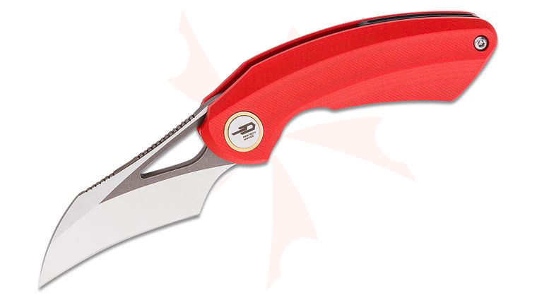 Bestech Knives Ostap Hel Bihai Front Flipper Knife 2.15 inch 14C28N Two Tone Satin/Gray Hawkbill Blade, Red G10 Handles