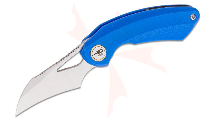 Bestech Knives Ostap Hel Bihai Front Flipper Knife 2.15 inch 14C28N Two Tone Satin/Stonewashed Hawkbill Blade, Blue G10 Handles