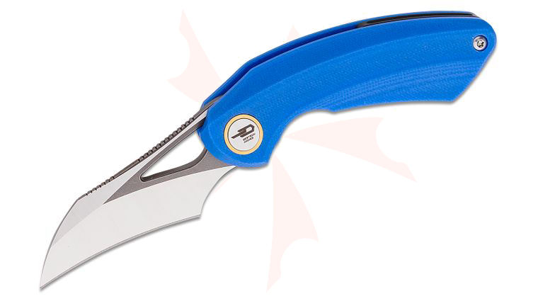 Bestech Knives Ostap Hel Bihai Front Flipper Knife 2.15 inch 14C28N Two Tone Satin/Gray Hawkbill Blade, Blue G10 Handles