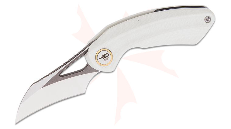 Bestech Knives Ostap Hel Bihai Front Flipper Knife 2.15 inch 14C28N Two Tone Satin/Gray Hawkbill Blade, White G10 Handles