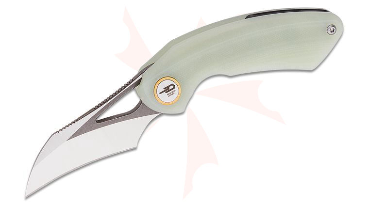 Bestech Knives Ostap Hel Bihai Front Flipper Knife 2.15 inch 14C28N Two Tone Satin/Gray Hawkbill Blade, Natural (Jade) G10 Handles