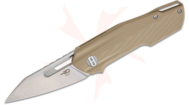 Bestech Knives Toddler Front Flipper Knife 2.72 inch 14C28N Two-Tone Reverse Tanto Blade, Desert Tan G10 Handles