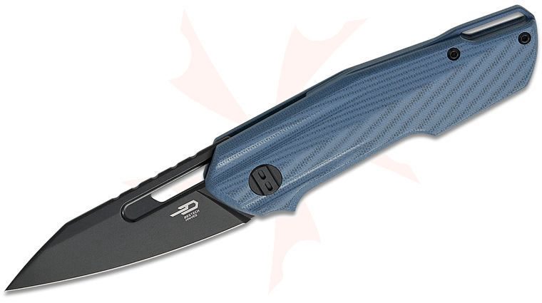 Bestech Knives Toddler Front Flipper Knife 2.72 inch 14C28N Black PVD Reverse Tanto Blade, Blue G10 Handles