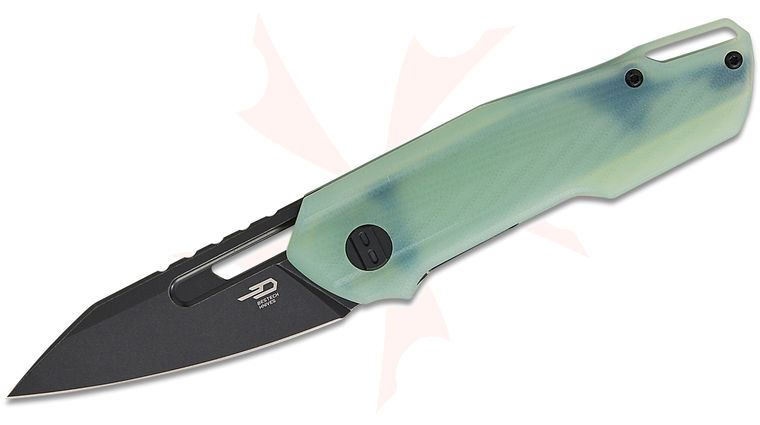 Bestech Knives Toddler Front Flipper Knife 2.72 inch 14C28N Black PVD Reverse Tanto Blade, Jade (Translucent) G10 Handles