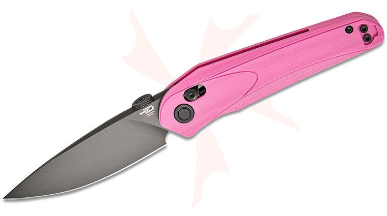 Bestech Knives Kombou Mothus Folding Knife 3.47 inch 14C28N Gray PVD Drop Point Blade, Pink G10 Handles