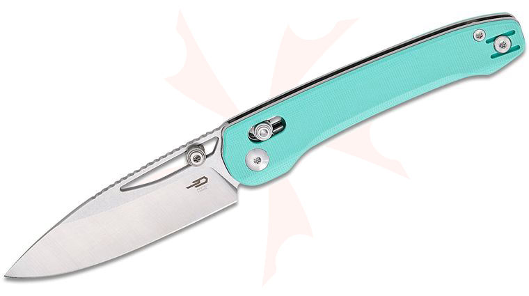 Bestech Knives Cobber Crossbar Lock Folding Knife 3.37 inch 14C28N Two-Tone Drop Point Blade, Light Blue G10 Handles