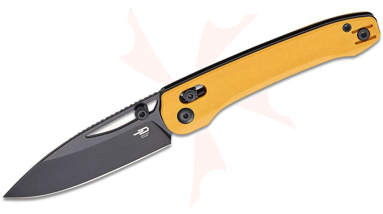 Bestech Knives Cobber Crossbar Lock Folding Knife 3.37 inch 14C28N Black PVD Drop Point Blade, Yellow G10 Handles