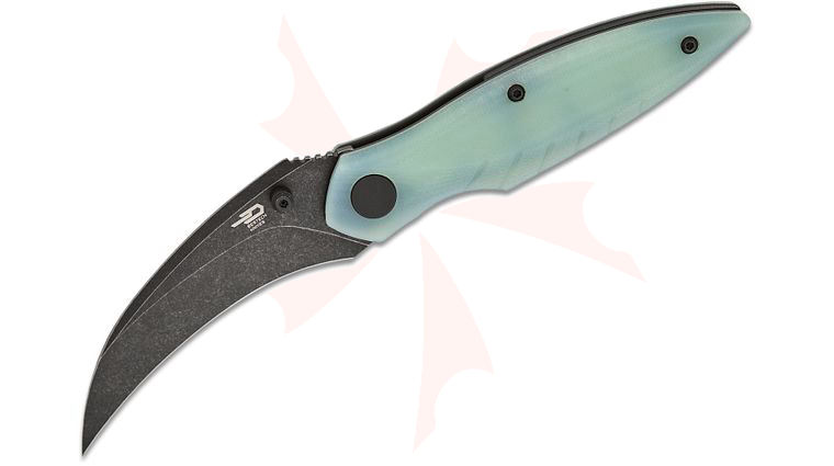 Bestech Knives Mantidae Liner Lock Folding Knife 2.94 inch 14C28N Black Stonewashed Hawkbill Blade, Natural (Jade) G10 Handles