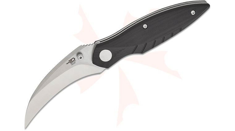 Bestech Knives Mantidae Liner Lock Folding Knife 2.94 inch 14C28N Two-Tone Satin/Stonewashed Hawkbill Blade, Milled Black G10 Handles