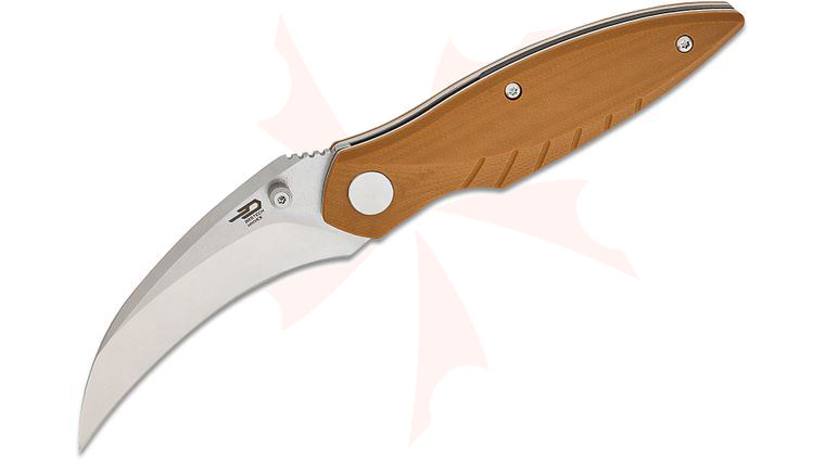 Bestech Knives Mantidae Liner Lock Folding Knife 2.94 inch 14C28N Two-Tone Satin/Stonewashed Hawkbill Blade, Milled Brown G10 Handles