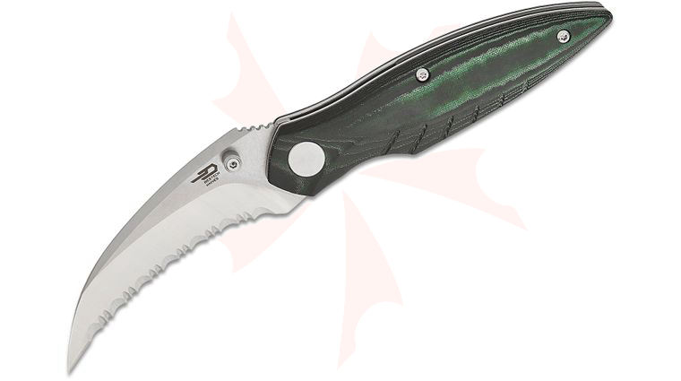 Bestech Knives Mantidae Liner Lock Folding Knife 2.94 inch 14C28N Two-Tone Satin/Stonewashed Serrated Hawkbill Blade, Green Micarta Handles