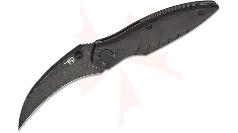 Bestech Knives Mantidae Liner Lock Folding Knife 2.94 inch 14C28N Black Stonewashed Plain Hawkbill Blade, Black Micarta Handles