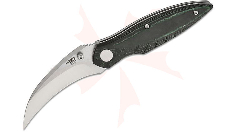 Bestech Knives Mantidae Liner Lock Folding Knife 2.94 inch 14C28N Two-Tone Satin/Stonewashed Plain Hawkbill Blade, Green Micarta Handles