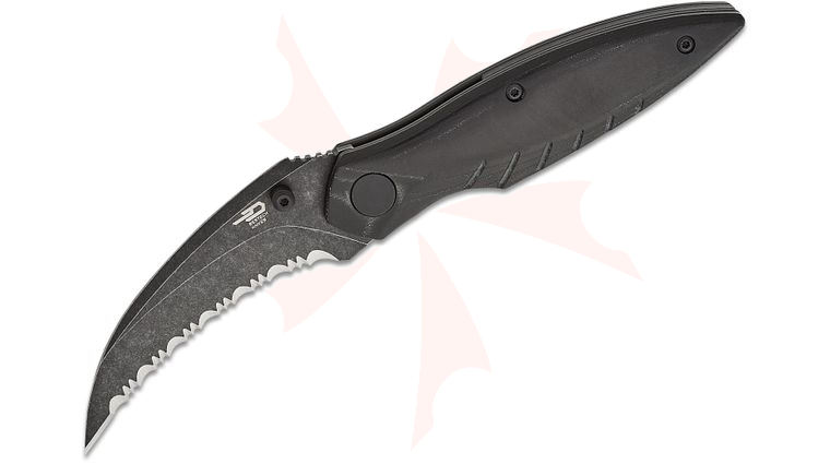 Bestech Knives Mantidae Liner Lock Folding Knife 2.94 inch 14C28N Black Stonewashed Serrated Hawkbill Blade, Black Micarta Handles