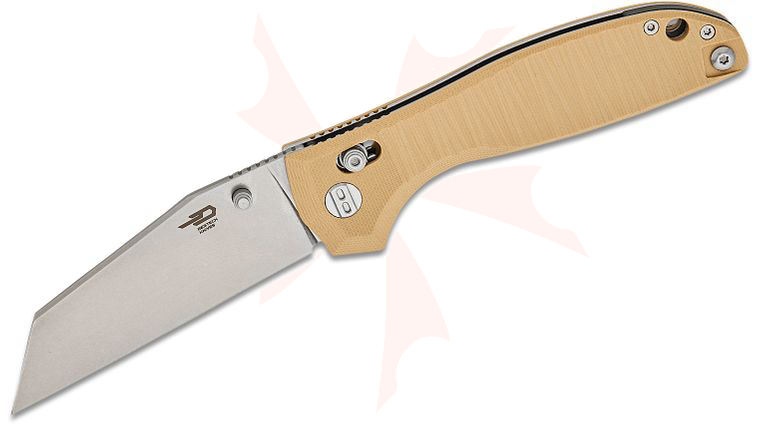 Bestech Knives Keanu Liger Crossbar Lock Folding Knife 3.61 inch D2 Stonewashed Wharncliffe Blade, Beige G10 Handles