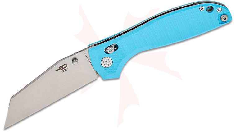 Bestech Knives Keanu Liger Crossbar Lock Folding Knife 3.61 inch D2 Stonewashed Wharncliffe Blade, Light Blue G10 Handles