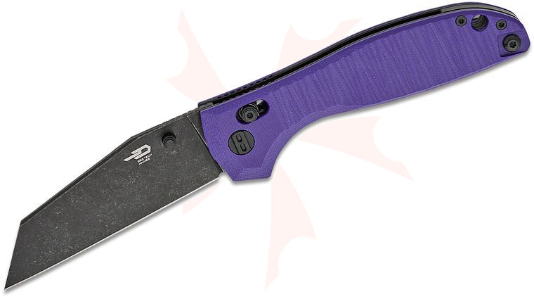 Bestech Knives Keanu Liger Crossbar Lock Folding Knife 3.61 inch D2 Black Stonewashed Wharncliffe Blade, Purple G10 Handles
