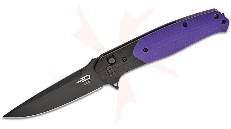 Bestech Knives Swordfish Button Lock Flipper Knife 3.75 inch 14C28N Black Drop Point Blade, Purple and Black G10 Handles