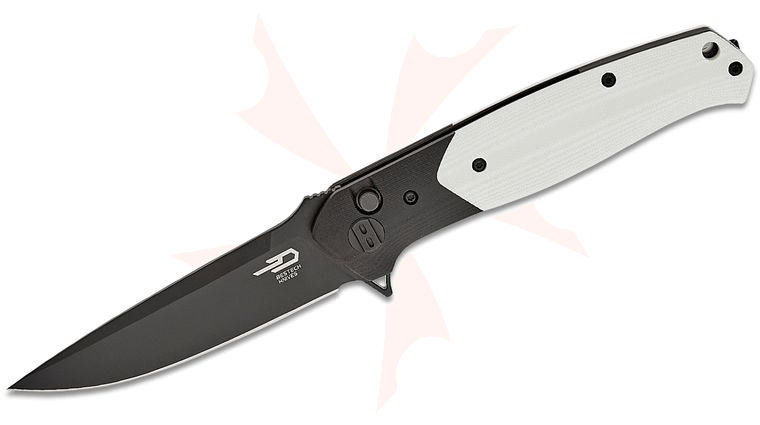 Bestech Knives Swordfish Button Lock Flipper Knife 3.75 inch 14C28N Black Drop Point Blade, White and Black G10 Handles