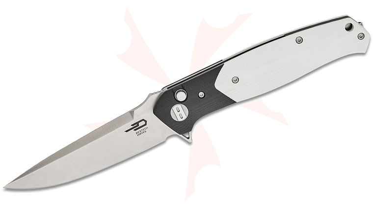 Bestech Knives Swordfish Button Lock Flipper Knife 3.75 inch 14C28N Satin Drop Point Blade, White and Black G10 Handles