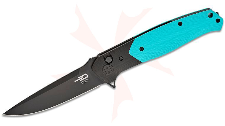 Bestech Knives Swordfish Button Lock Flipper Knife 3.75 inch 14C28N Black Drop Point Blade, Light Blue and Black G10 Handles