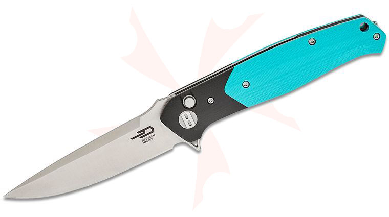 Bestech Knives Swordfish Button Lock Flipper Knife 3.75 inch 14C28N Satin Drop Point Blade, Light Blue and Black G10 Handles