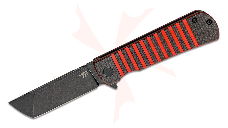 Bestech Knives Titan Flipper Knife 2.96 inch 154CM Black Stonewashed Tanto Blade, Interlaid Carbon Fiber/Red G10 Handles