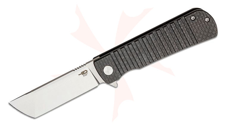 Bestech Knives Titan Flipper Knife 2.96 inch 154CM Two-Tone Tanto Blade, Carbon Fiber Handles