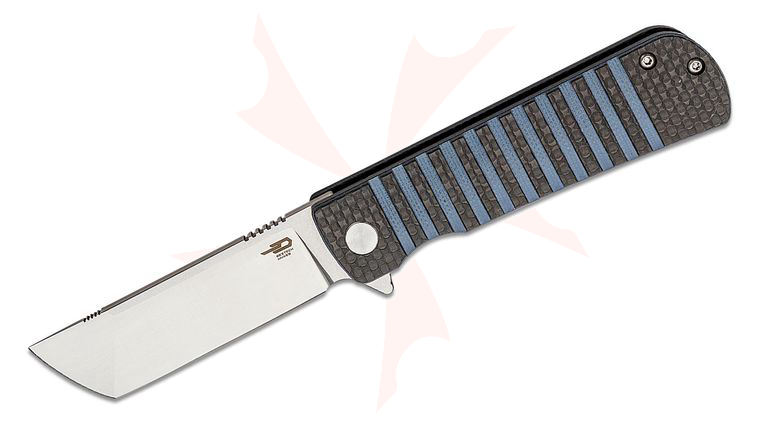 Bestech Knives Titan Flipper Knife 2.96 inch 154CM Two-Tone Tanto Blade, Interlaid Carbon Fiber/Blue G10 Handles